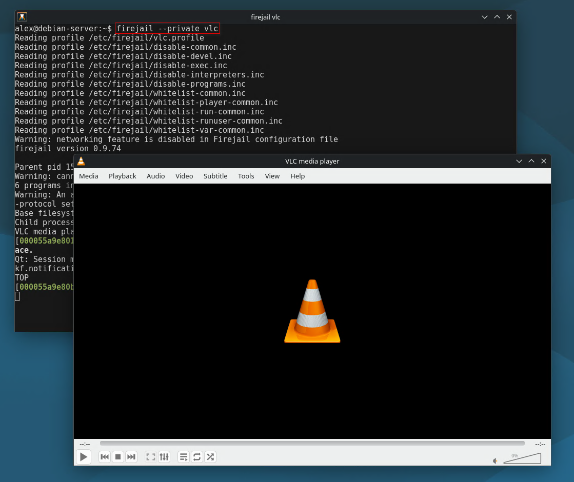 Firejail sandbox with private mode