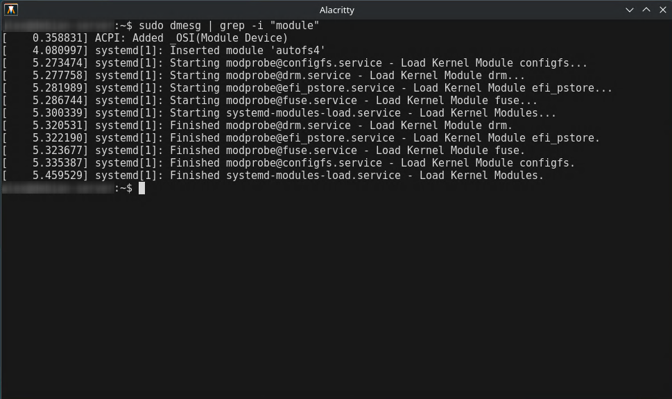 dmesg command output showing kernel module load events