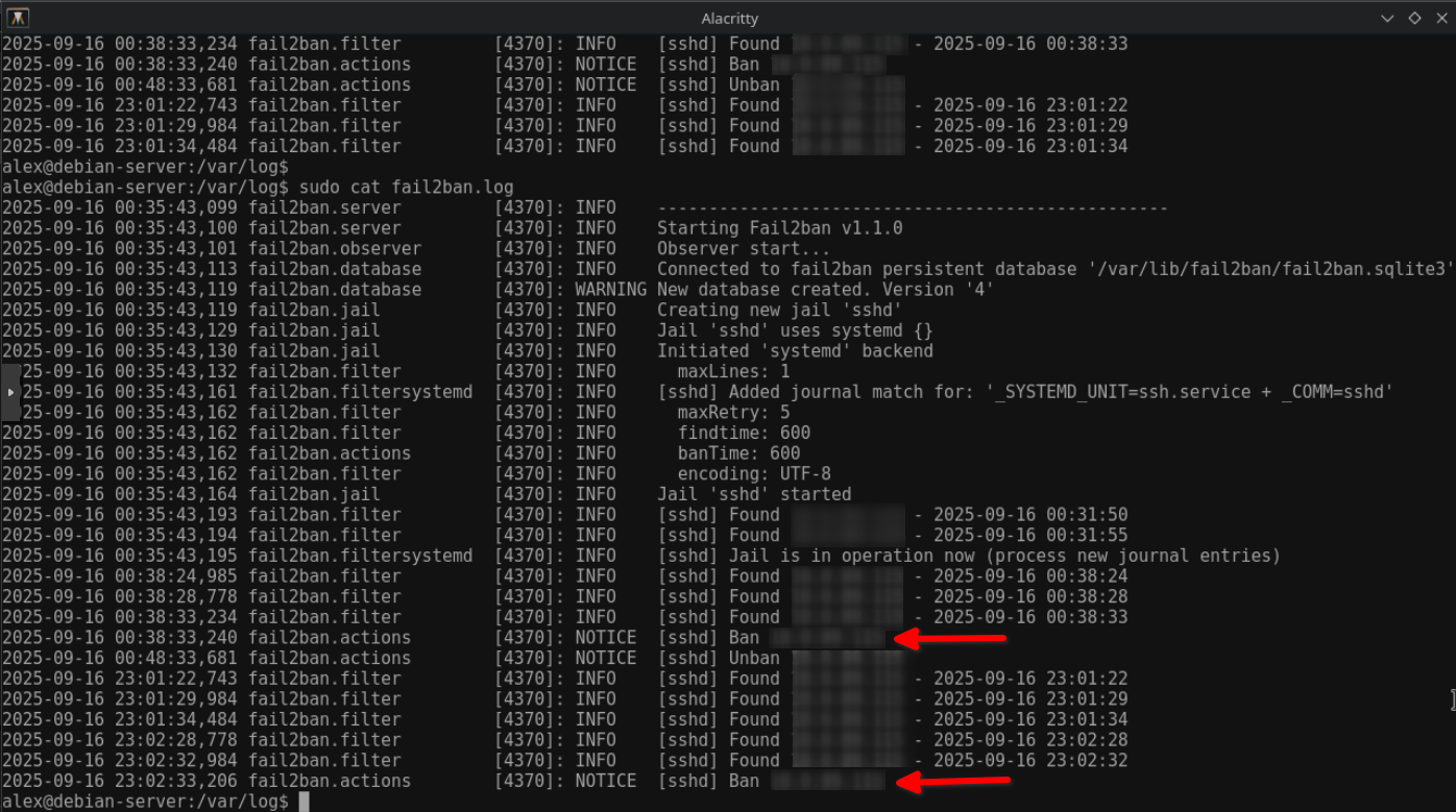 Fail2ban log showing IP bans