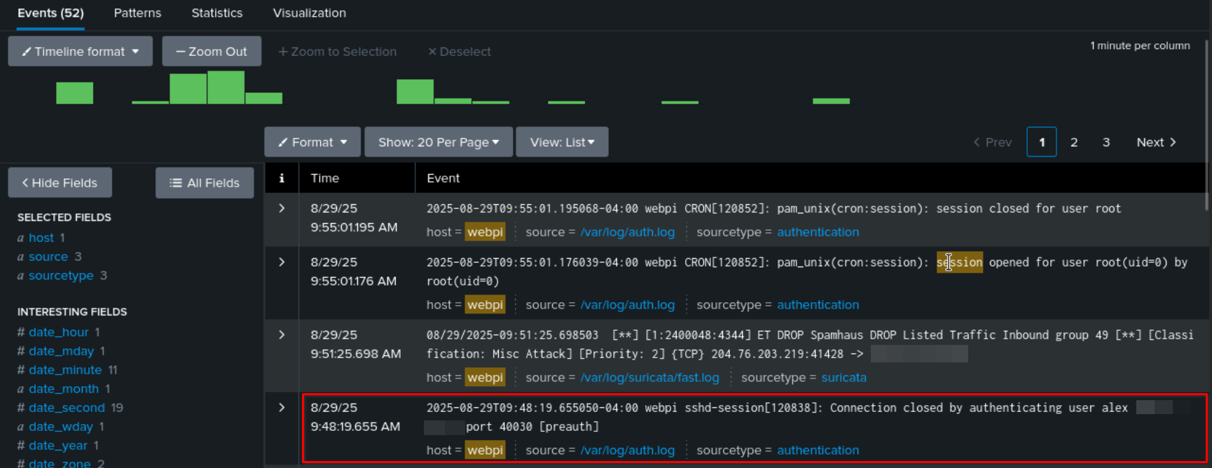 Splunk failed SSH login screenshot